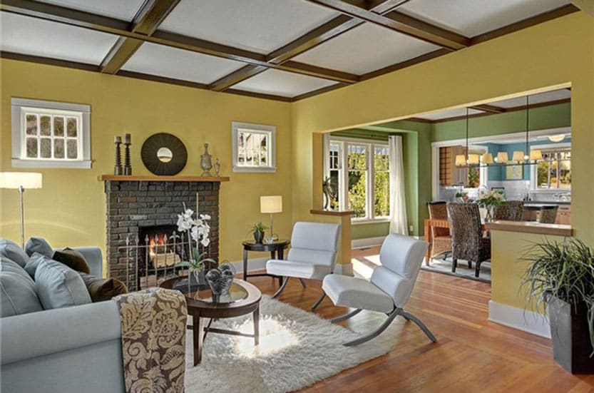 High ceilings and rich colors in this spacious living room.